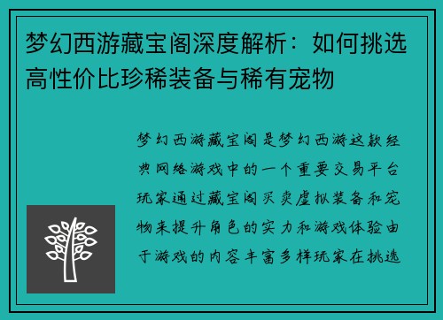 梦幻西游藏宝阁深度解析：如何挑选高性价比珍稀装备与稀有宠物